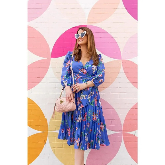 Eliza J Pleated Faux Wrap Dress In blue size 12p - Picture 3 of 9